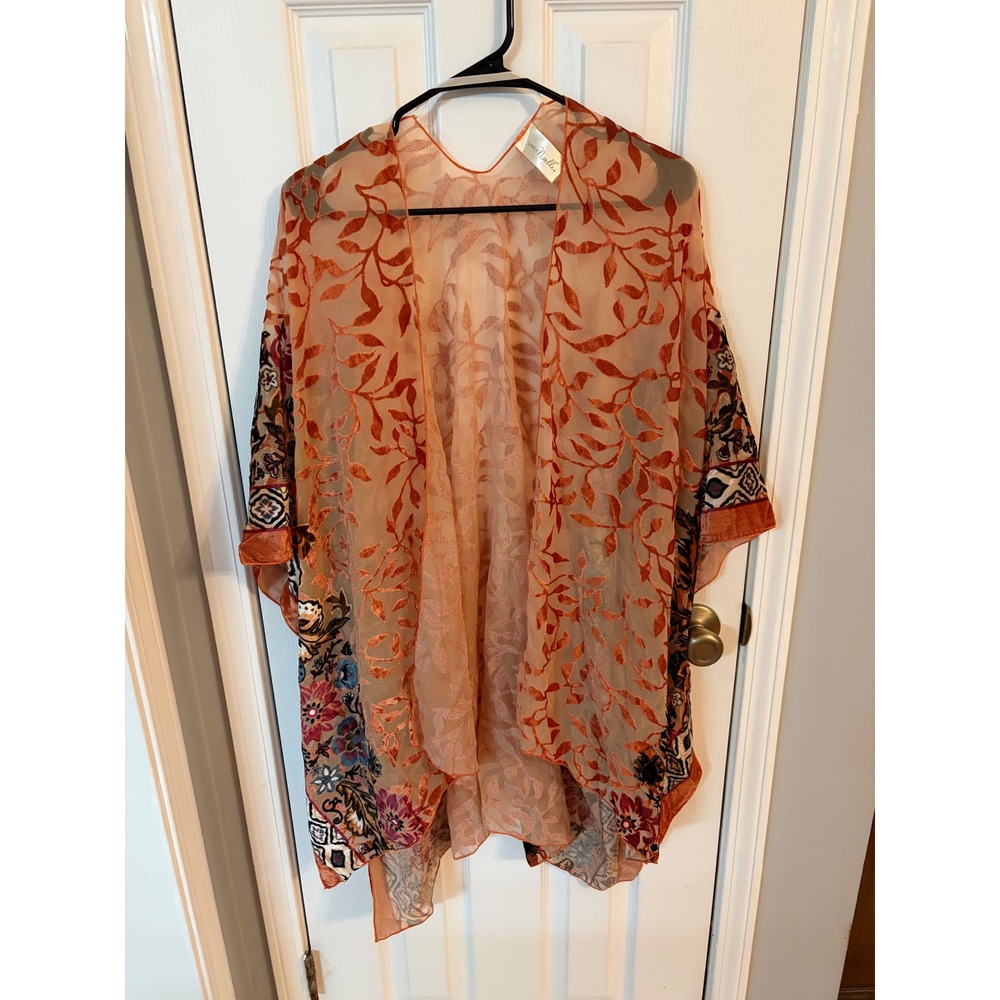 Simply Noelle Kimono Wrap Womens OS Orange Burnout Velvet Leaf Floral Boho Mesh